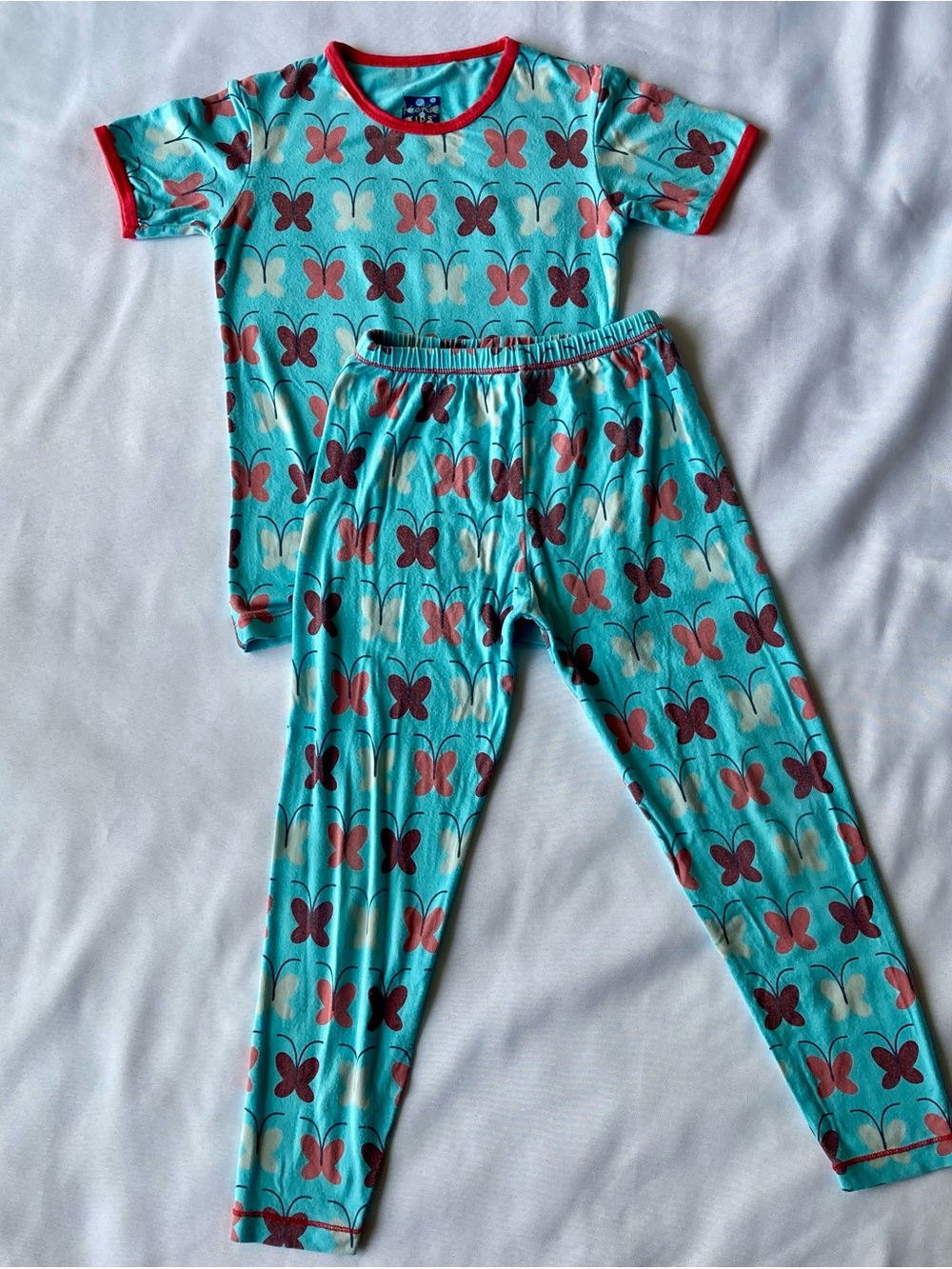 Kickee Pants Turquoise Butterfly Print Pajama Set with Coral Trim